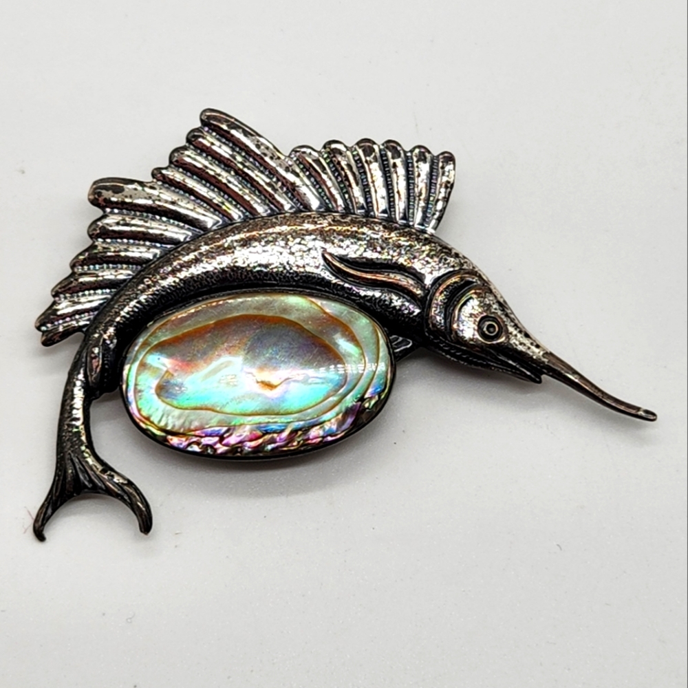 Vintage La Jolla Sterling Silver Merlin Swordfish Jumping Abalone Shell Brooch